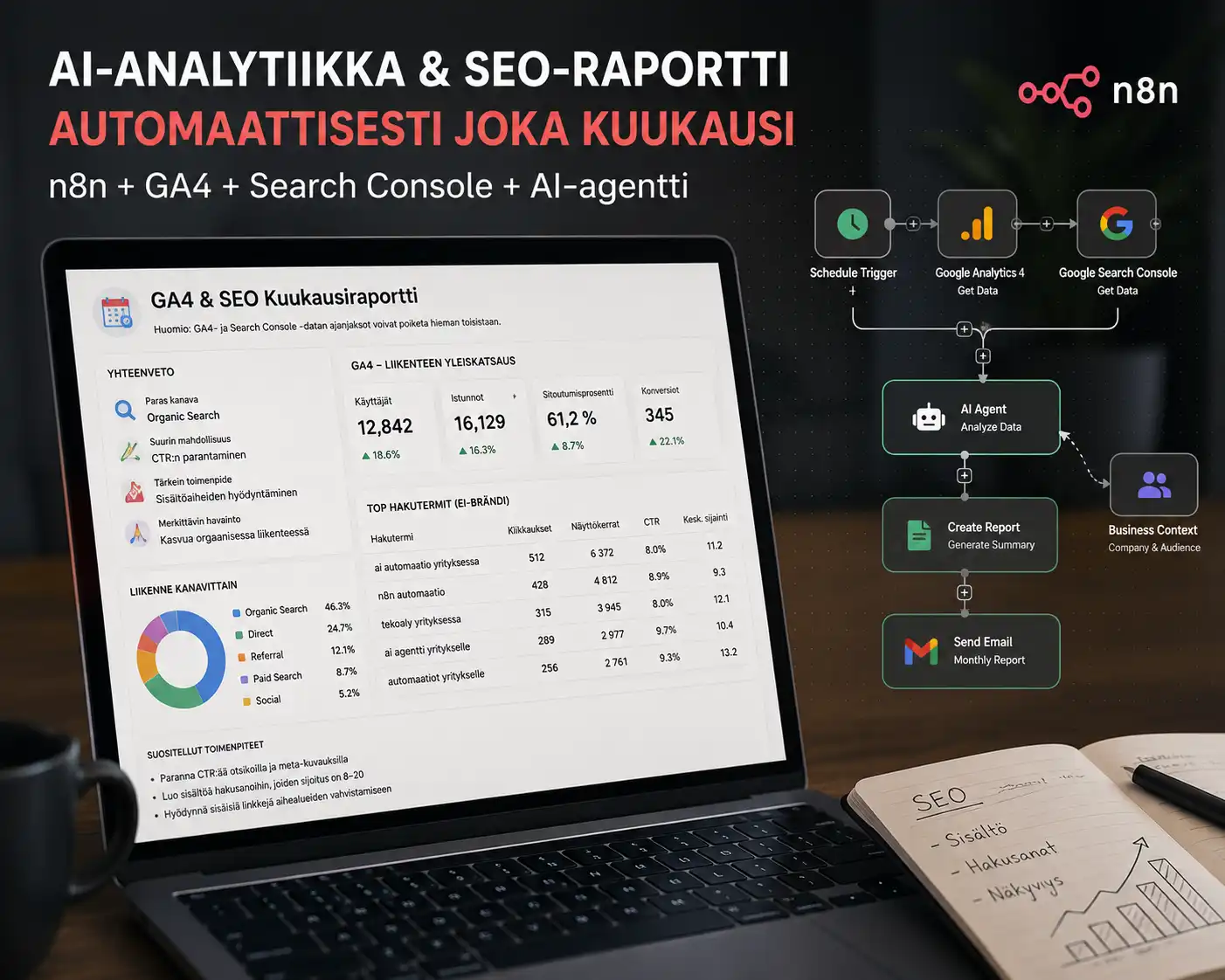 Esimerkki markkinoinnin automaatiosta jossa ga4 ja gsc on yhdistetty n8n automaatioon